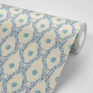 Belle wallpaper by Tatie Lou in blue, pattern sample of an ornate ogee trellis