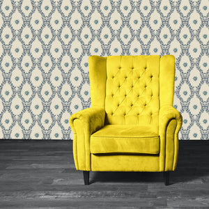 Belle wallpaper by Tatie Lou in black and white, an ornate ogee trellis in a living room