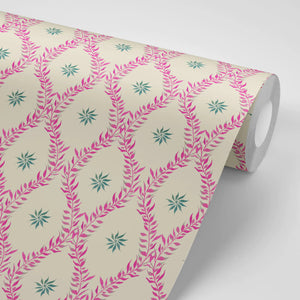 Belle wallpaper by Tatie Lou in pink, roll showing an ornate ogee trellis