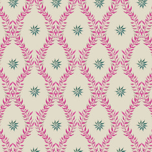 Belle wallpaper by Tatie Lou in pink, flat sample of an ornate ogee trellis