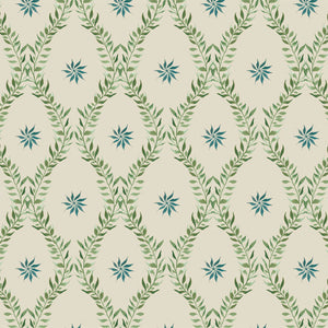 Belle wallpaper by Tatie Lou in sage green, full repeat of an ornate ogee trellis