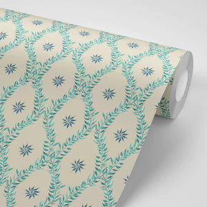 Belle wallpaper by Tatie Lou in teal, pattern sample of an ornate ogee trellis