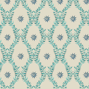 Belle wallpaper by Tatie Lou in teal, flat sample of an ornate ogee trellis