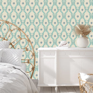 Belle wallpaper by Tatie Lou in teal, an ornate ogee trellis in a living room