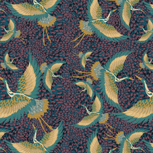 Pachamama velvet by Tatie Lou in purple, flat sample of flying cranes