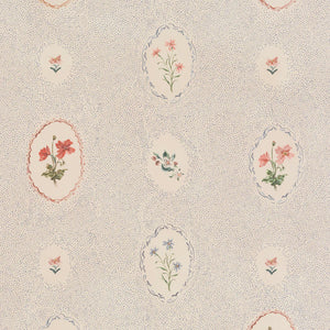 Bibury Sprig wallpaper by Parker and Jules in pale blue, flat sample of flower sprigs in ovals