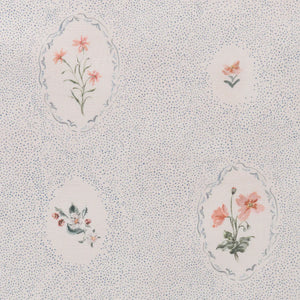 Bibury Sprig linen by Parker and Jules in pale blue, flat sample of embroidered flowers in ovals