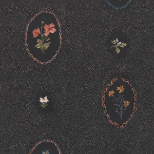 Bibury Sprig linen by Parker and Jules in black, flat sample of embroidered flowers in ovals
