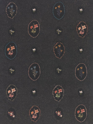 Bibury Sprig linen by Parker and Jules in black, pattern sample of embroidered flowers in ovals