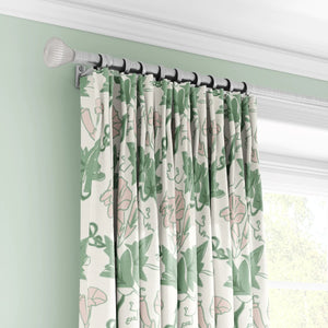 Bindweed Pink Trumpet linen by Annika Reed in green and pink, trailing bindweed flowers made into curtains