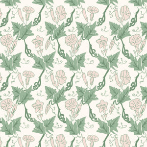 Bindweed Pink Trumpet velvet by Annika Reed in green and pink, full repeat of trailing bindweed flowers