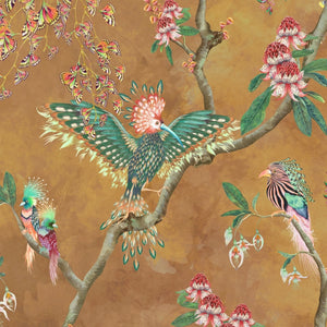 Birds in Paradise wallpaper by Brand McKenzie in gold, close-up of tropical birds on blossoming branches
