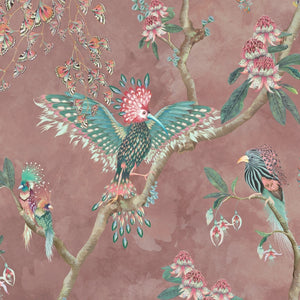 Birds in Paradise wallpaper by Brand McKenzie in pink, close view of tropical birds on blossoming branches
