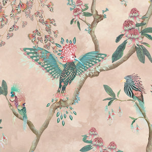 Birds in Paradise wallpaper by Brand McKenzie in pink, pattern detail of tropical birds on blossoming branches