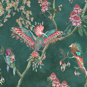 Birds in Paradise wallpaper by Brand McKenzie in teal, close-up of tropical birds on blossoming branches
