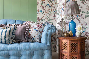 Birdlip linen by Parker and Jules in blue, a small block-print stripe in a living room