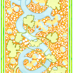 Blanche linen by Claire de Quénetain in orange and blue, full repeat of a hand-painted floral design