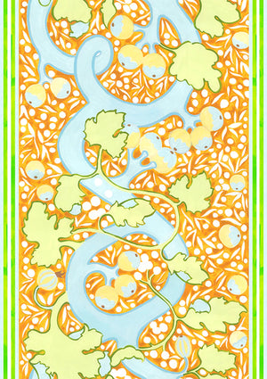Blanche linen by Claire de Quénetain in orange and blue, full repeat of a hand-painted floral design