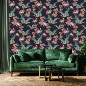 Blossom Noir wallpaper by Tatie Lou in black, blossoms and birds in a living room