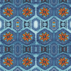 Nui Burst wallpaper by Tatie Lou in blue and orange, full repeat of shibori-style bursts