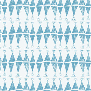 Triangles Are My Favourite Shape linen by Annika Reed in blue, full repeat of stacked triangles