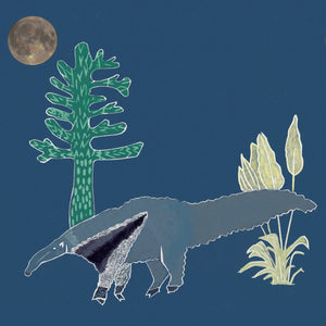 The Anteater wallpaper by Annika Reed in navy, detail of anteaters and trees