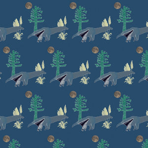 The Anteater wallpaper by Annika Reed in navy, flat sample of anteaters and trees