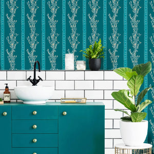 Gatty's Kelp Forest wallpaper by Annika Reed in teal, kelp fronds in a bathroom