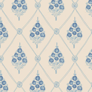 Agra velvet by Annika Reed in blue, full repeat of block-print flowers in a trellis