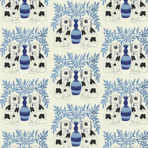 Pair of Dogs wallpaper by Annika Reed in blue, flat sample of pairs of dogs and vases