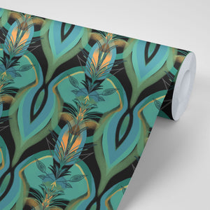 Soltar wallpaper by Tatie Lou in teal, roll showing a Deco arch pattern