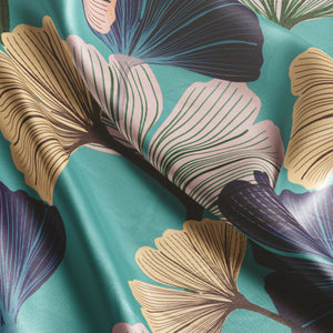 Ginkgo velvet by Tatie Lou in blue, draped, showing oversized ginkgo leaves