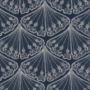 Velour Éventail linen by Dami and Em Design in navy, flat sample of fan shapes