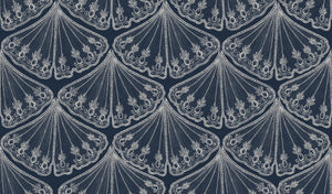 Velour Éventail linen by Dami and Em Design in navy, flat sample of fan shapes
