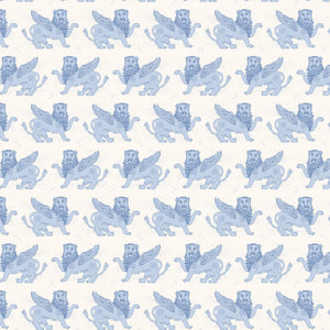 Winged Lion velvet by Annika Reed in blue, pattern sample of winged lions