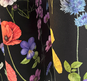 Botanica velvet by Victoria Sanders in black, draped, showing wildflowers and poppies