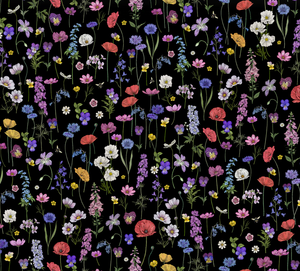 Botanica velvet by Victoria Sanders in black, full repeat of wildflowers and poppies