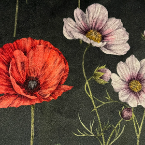 Botanica velvet by Victoria Sanders in green, close-up of wildflowers and poppies