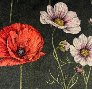 Botanica velvet by Victoria Sanders in green, close-up of wildflowers and poppies