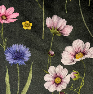 Botanica velvet by Victoria Sanders in green, detail of wildflowers and poppies