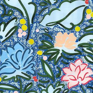 Bouquet linen by Claire de Quénetain in blue and pink, full repeat of a hand-painted floral design