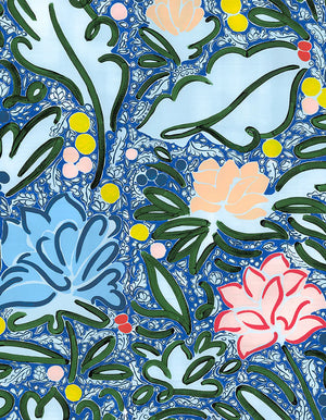 Bouquet linen by Claire de Quénetain in blue and pink, full repeat of a hand-painted floral design