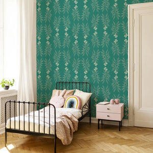 Branch of Mango wallpaper by Annika Reed in teal, mango branches in a child's room