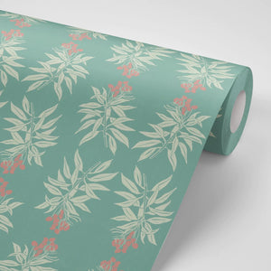 Branch of Mango wallpaper by Annika Reed in teal, roll showing mango branches