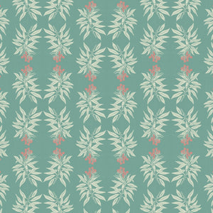 Branch of Mango wallpaper by Annika Reed in teal, flat sample of mango branches