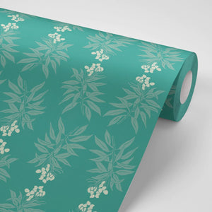 Branch of Mango wallpaper by Annika Reed in teal, flat sample of mango branches (alternate view)