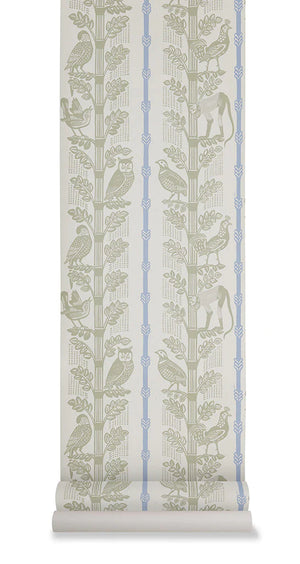 Monkeys and Birds wallpaper by St. Jude's in green, sample roll showing monkeys and birds on stems