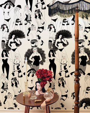 Burlesque wallpaper by Dupenny in red, burlesque dancers on a feature wall