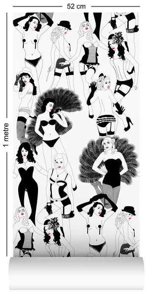Burlesque wallpaper by Dupenny in red, pattern sample of burlesque dancers