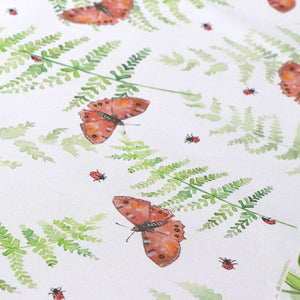 Butterfly and Fern fabric by Seed Home Designs in green and red, flat sample of butterflies and ferns